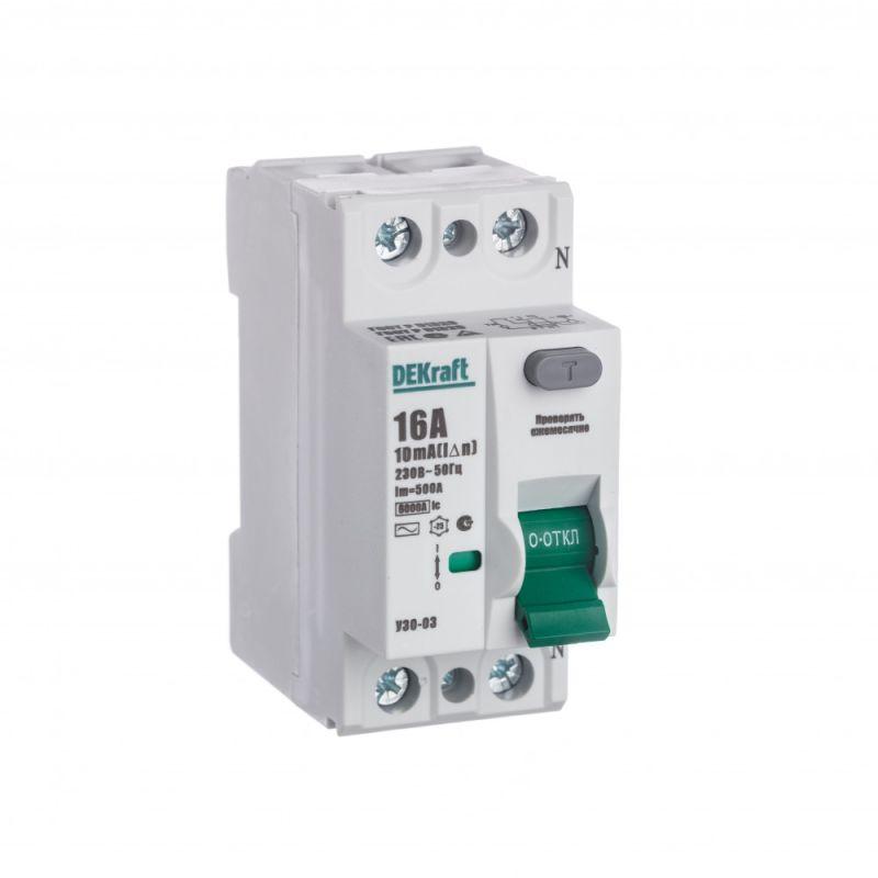 Выключатель дифференциального тока (УЗО) 2п 16А 10мА тип AC 6кА УЗО-03 DEKraft 14050DEK