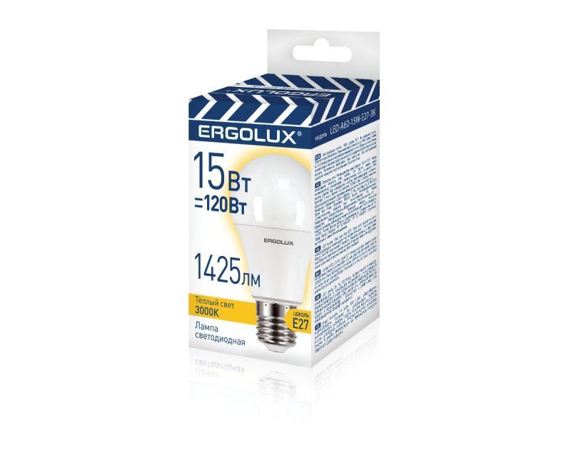 Лампа светодиодная LED-A60-15W-E27-3K ЛОН 15Вт E27 3000К 220-240В ПРОМО Ergolux 14308