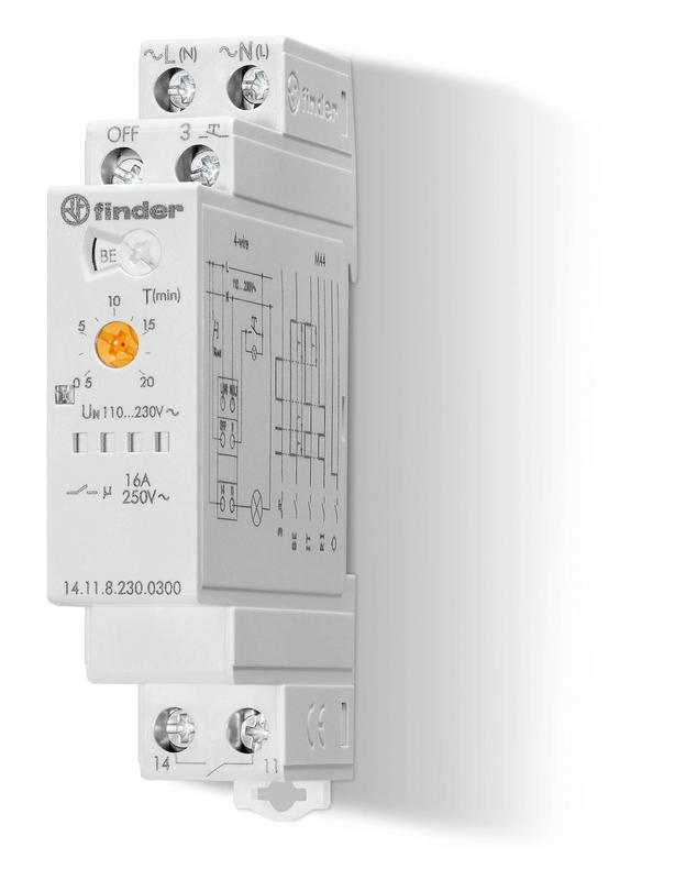 Таймер модульный электронный лестничный мультифункциональный 1NO 16А (контакт без потенциала) 3- или 4-проводная схема 230В AC 17.5мм IP20 (уп.1шт) FINDER 141182300300PAS