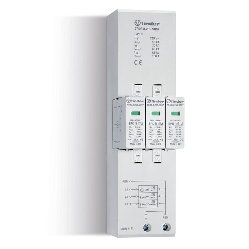 Устройство защиты от импульсных перенапряжений УЗИП тип 1+2 (3 варистор/искровый разрядник) 255В AC FINDER 7P038255S007