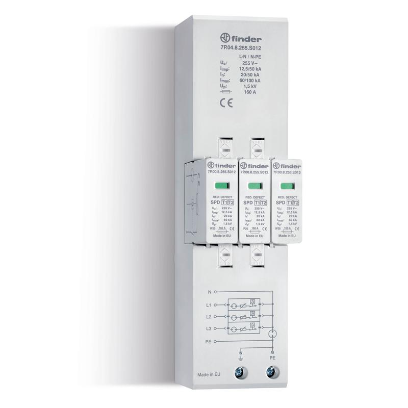 Устройство защиты от импульсных перенапряжений УЗИП тип 1+2 (3 варистор/искровый разрядник + 1 искровый разрядник) 255В AC FINDER 7P048255S012