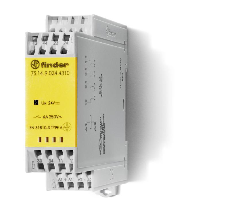 Реле безопасности модульное электромеханич. (реле с принудительным управлением контактами) 3NO+1NC 6А AgSnO2 24В DC безвинт. клеммы 22.5мм IP54 версия для ЖД-транспорта FINDER 7S1490244310T