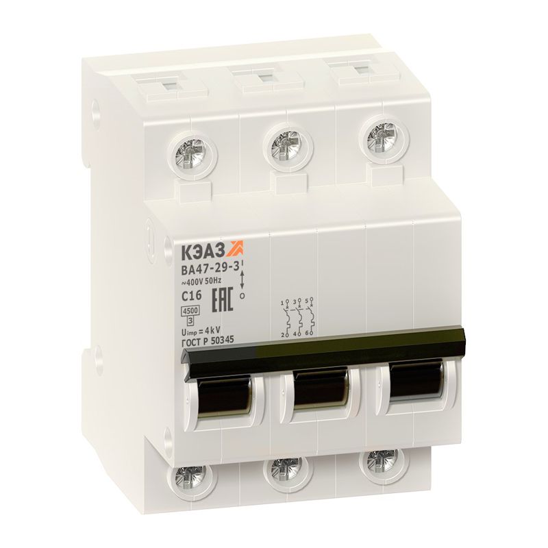 Выключатель автоматический модульный 3п C 10А 4.5кА ВА47-29-3C10-УХЛ3 КЭАЗ 141610