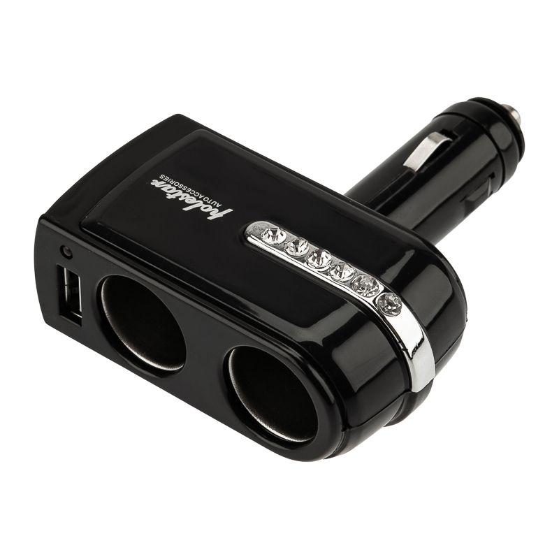 Разветвитель автоприкуривателя 2 гнезда 1хUSB (5 V 1000 mA) Rexant 16-0238