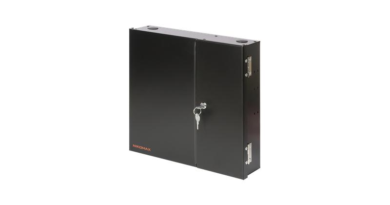 Кросс оптический настенный до 48 SC/LC портов или 24 FC/ST портов стальной с ключом в комплекте: сплайс-кассета и КДЗС черн. NIKOMAX NMF-WP48-BLANK-IB-P-BK