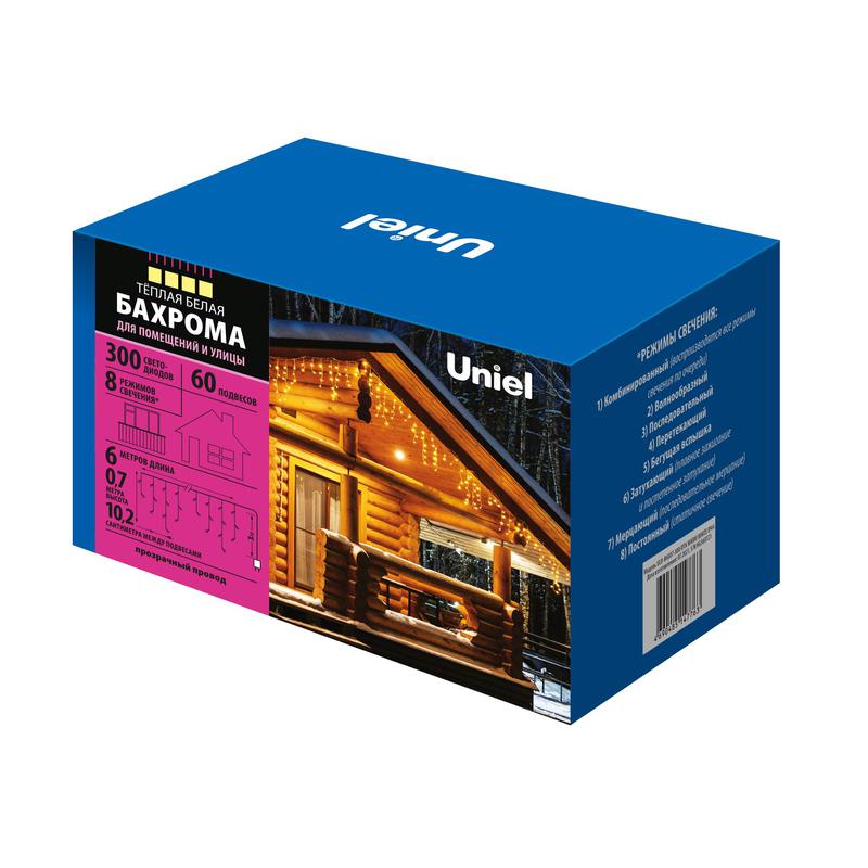 Гирлянда светодиодная "Бахрома" ULD-B6007-300/DTA WARM WHITE IP44 6м 300LED тепл. бел. провод прозр. Uniel UL-00008554