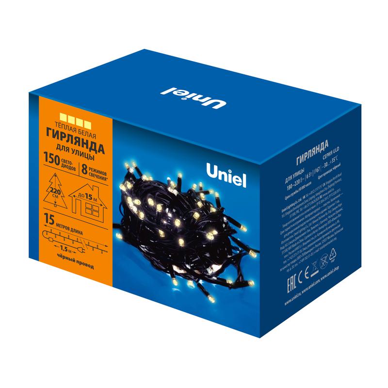 Гирлянда светодиодная ULD-S1500-150/DBA WARM WHITE IP67 15м 150 LED тепл. бел. свет. провод черн. Uniel UL-00008410