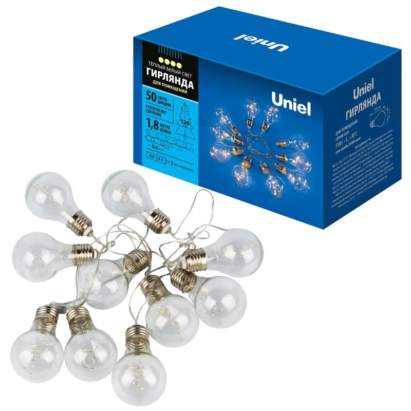 Гирлянда ULD-S1800-050/STB/3AA WARM WHITE IP20 RETRO BULBS-1 "Лампочки ретро-1" 3AA (не в/к) 1.8м 50 LED провод прозр. Uniel UL-00008426