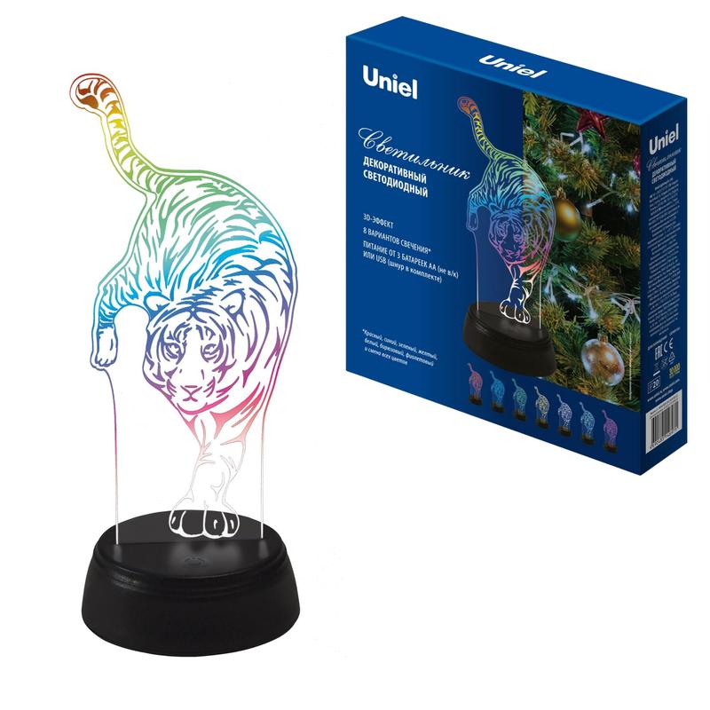Светильник декоративный ULI-M506 RGB/3AA TIGER/BLACK с эффектом 3D "Тигр" 3AA (не в/к) 1 светодиод RGB свет Uniel UL-00008401