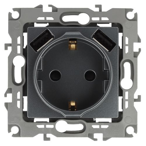 Розетка 16А 250В 2P+E с 2хUSB 5В-3А защ. шторки Эра12 графит 12-4109-12 ЭРА Б0047846