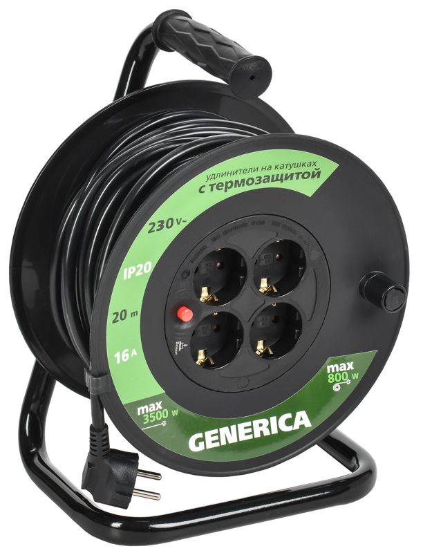 Удлинитель на катушке 4х20м 16А IP20 УК20 2P+PE 3х1.5 термозащита GENERICA WKP20-16-04-20-G