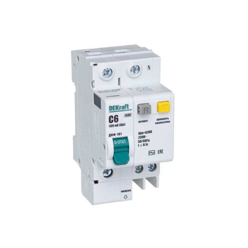 Выключатель автоматический дифференциального тока 2п (1P+N) C 6А 100мА тип AC ДИФ-101 со встроен. защит. от сверхтоков DEKraft 15200DEK