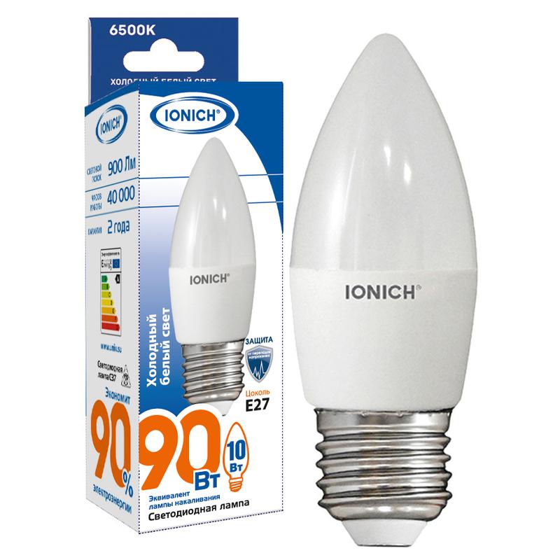 Лампа светодиодная C37 10Вт "Свеча" 6500К Е14 230В холод. бел. IONICH 1801