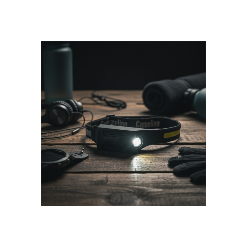 Фонарь налобный LED5383 лента каучук. COB+LED 4 реж. 3XAAA пласт рези блист черн. Camelion 15688