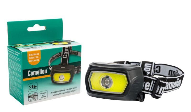Фонарь налобный LED53412 аккум. 3.7В COB+LED 3Вт 3 реж. 3 x AAA Type-C бокс карбон Camelion 15764