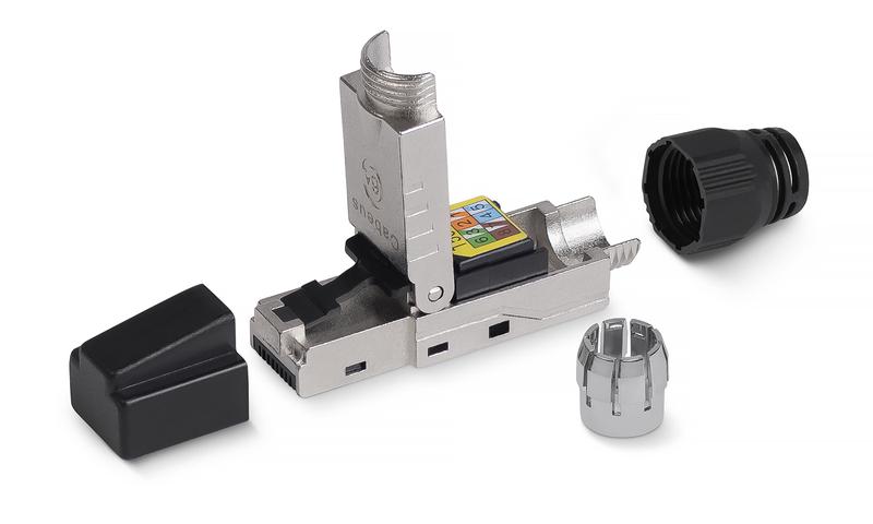 Коннектор 8P8C-SH-C6+ -TWP с фиксатором кабеля и колпачком RJ-45(8P8C) под витую пару категория до 6a экран. для ож кабеля для толстых жил 1.35-1.5мм (с оболочкой) со вставкой Cabeus 8956c