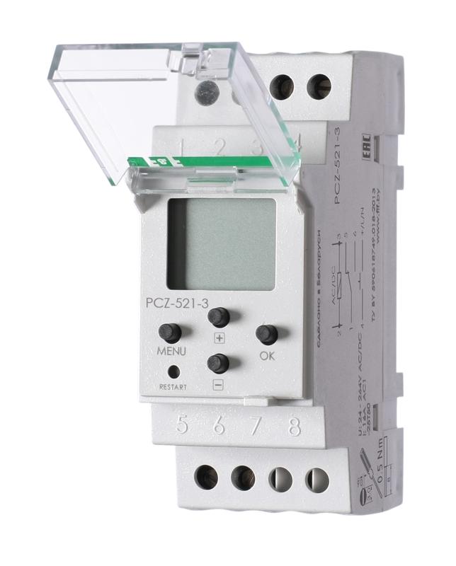 Реле времени программируемое PCZ-521-3 24-264В AC/DC 16А 1НО/НЗ 250 пар вкл./выкл. суточный и недельный циклы работы со входом управления с функцией NFC монтаж на DIN-рейку F&F EA02.002.018