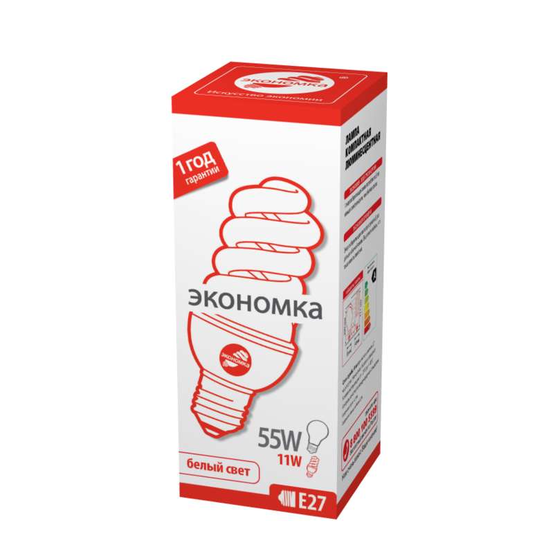 Лампа люминесцентная компакт. SPC 11Вт E27 спиральная 4200К T3 ЭКОНОМКА LKsmSPC11wE2742eco