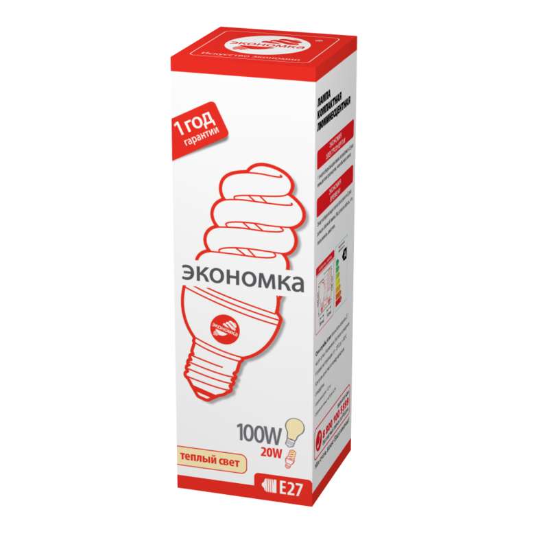 Лампа люминесцентная компакт. SPC 20Вт E27 спиральная 2700К Т3 ЭКОНОМКА LKsmSPC20wE2727eco_1