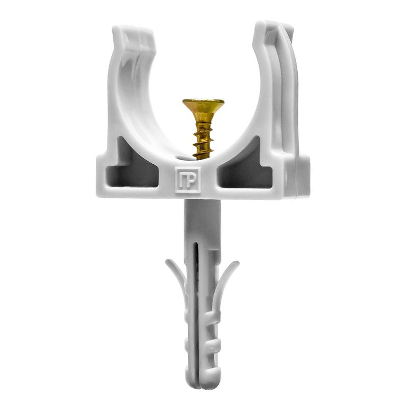 Держатель для труб (клипса) d25мм с дюбелем и саморезом сер. Промрукав PR13.0217