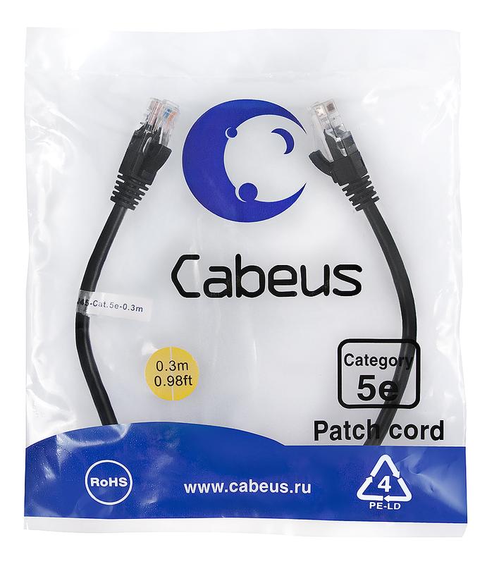 Патч-корд U/UTP кат.5E PC-UTP-RJ45-Cat.5e-0.3m-BK-LSZH 2хRJ45/8p8c неэкранир. LSZH 0.3м черн. Cabeus 9535c