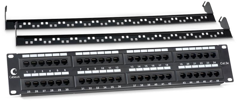 Патч-панель 19дюйм 2U 48 портов RJ45 кат.5E Dual IDC PL-48-Cat.5e-Dual IDC с задн. кабельным организатором Cabeus 7001c