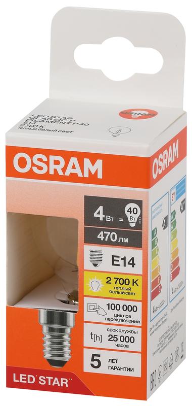 Лампа светодиодная филаментная LS CLP40 4W/827 230VFILCL 4Вт 2700К тепл. бел. E14 470лм P угол пучка 300град. 220-240В (замена 40Вт) прозр. стекло OSRAM 4058075684331