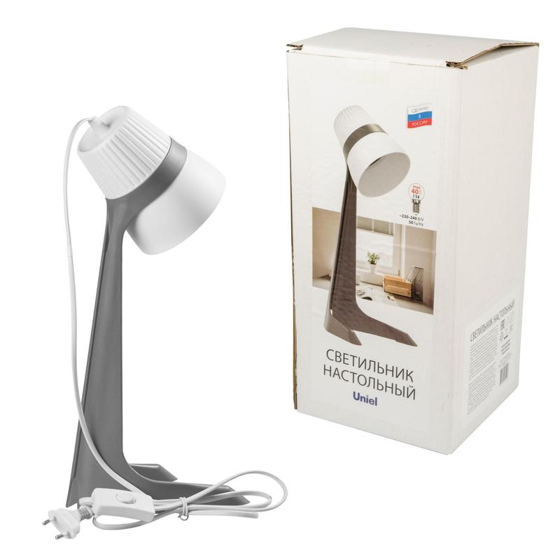 Светильник ULO-K22 D/E14/A GREY/WHITE настольный 40Вт E14 механич. выкл. сер. с бел. Uniel UL-00009542