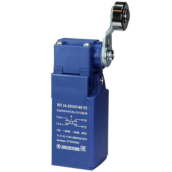 Выключатель путевой ВП 24-2516П-65 У2 1НО+1НЗ 3А IP65 рычаг со стальным роликом инерционный 20мм без сальника Электротехник ET004680