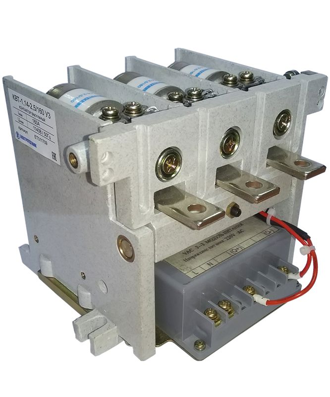 Контактор вакуумный КВТ(М)-1.14-2.5/160-3 У3 3п 160А кат. 220В 2НО+2НЗ IP00 нереверсивный без реле с магнитным удержанием Электротехник ET011709