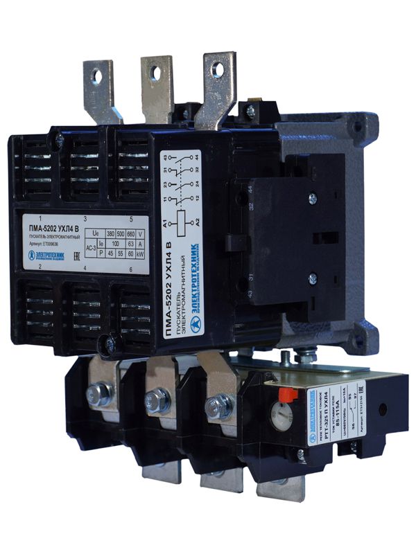 Пускатель электромагнитный ПМА-5202 УХЛ4 В 100А 220В 2НО+2НЗ IP00 нереверсивный с реле РТТ-325 85-115А Электротехник ET009636
