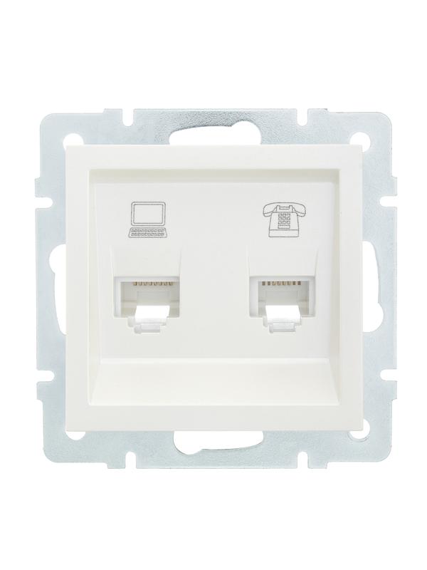 Розетка компьютерная + телефонная 2-м СП Vesna механизм жемчуж./бел. перламутр LEZARD 742-3088-143