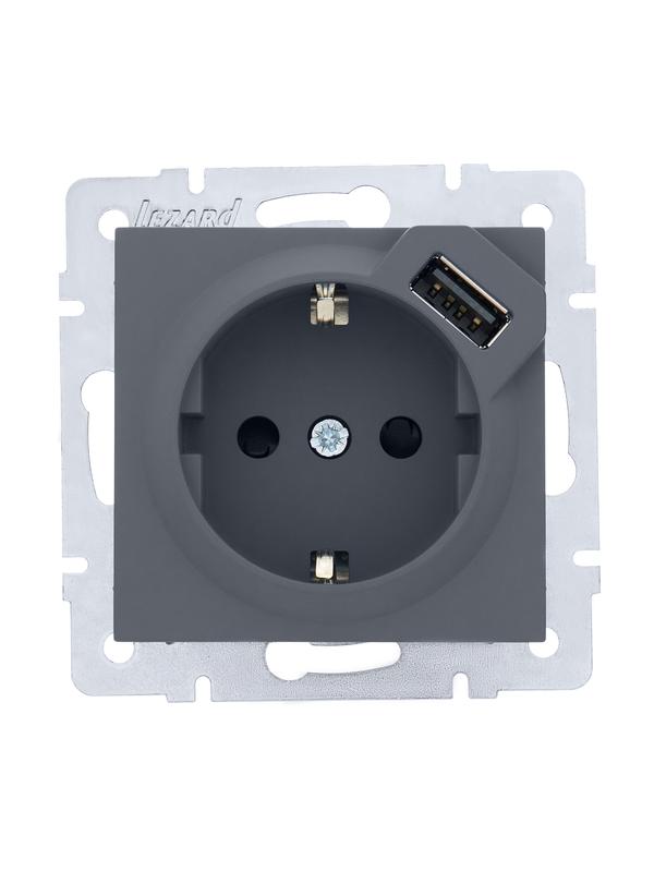 Розетка 1-м СП Vesna с заземл. с заряд. устройством USB механизм графит LEZARD 742-3488-181