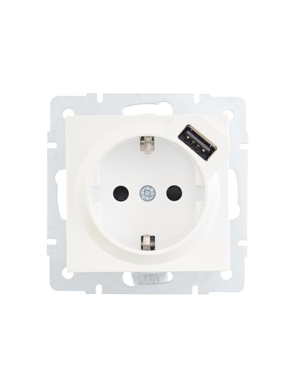 Розетка 1-м СП Vesna с заземл. с заряд. устройством USB механизм жемчуж./бел. перламутр LEZARD 742-3088-181