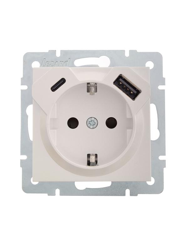 Розетка 1-м СП Vesna с заземл. с заряд. устройством USB + тип C механизм жемчуж./бел. перламутр LEZARD 742-3088-181TC