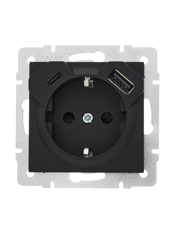 Розетка 1-м СП Vesna с заземл. с заряд. устройством USB + тип C механизм черн. бархат LEZARD 742-4288-181TC