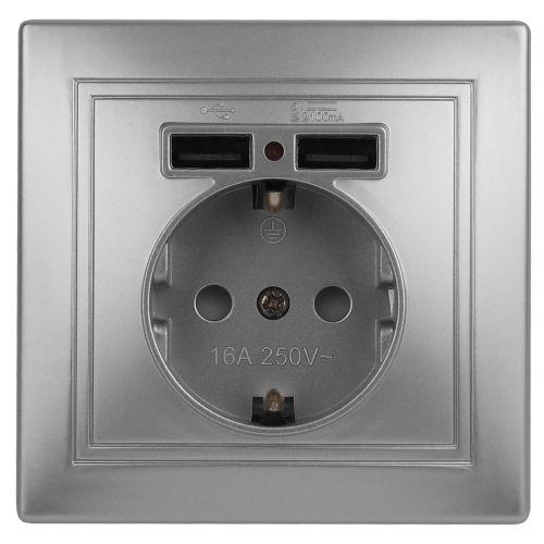 Розетка 1-м СП Plano 1-410-03 16А IP20 + 2хUSB алюм. Intro Б0053944