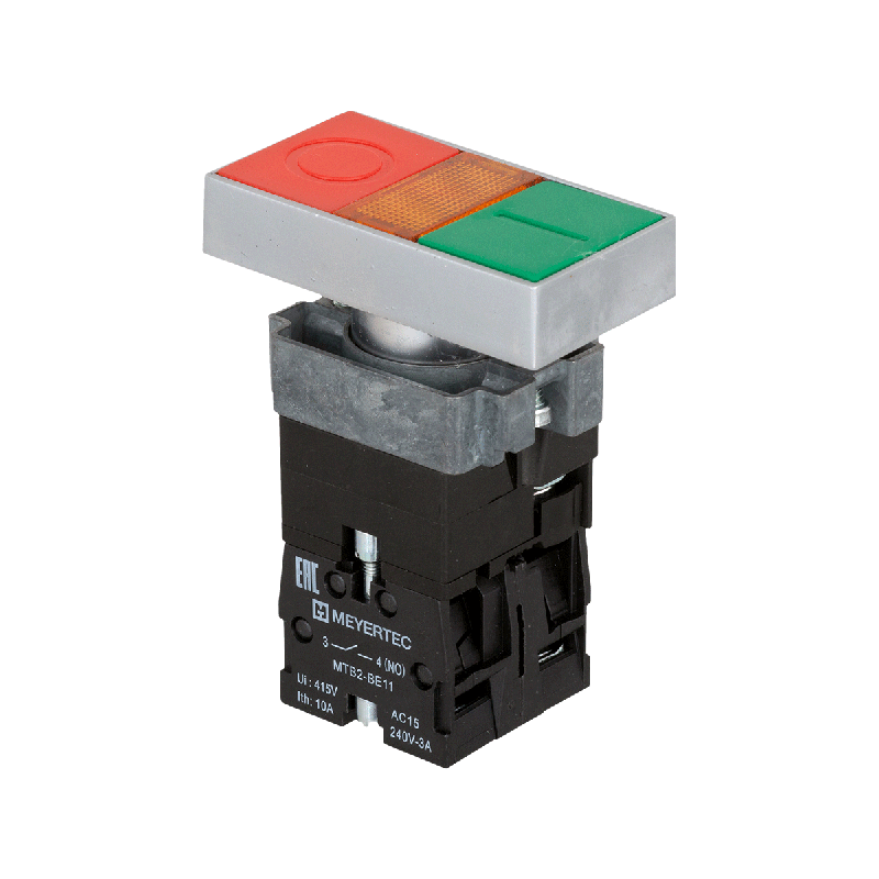 Кнопка двойная с LED подсветкой 220В AC/DC красн./зел. 1NO+1NC плоский толкатель метал. MTB2-BW8363 ОВЕН 54256