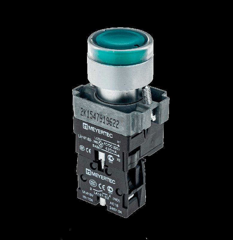 Кнопка с LED подсветкой зел. 220В AC/DC 1NO метал. MTB2-BW3363 ОВЕН 54251