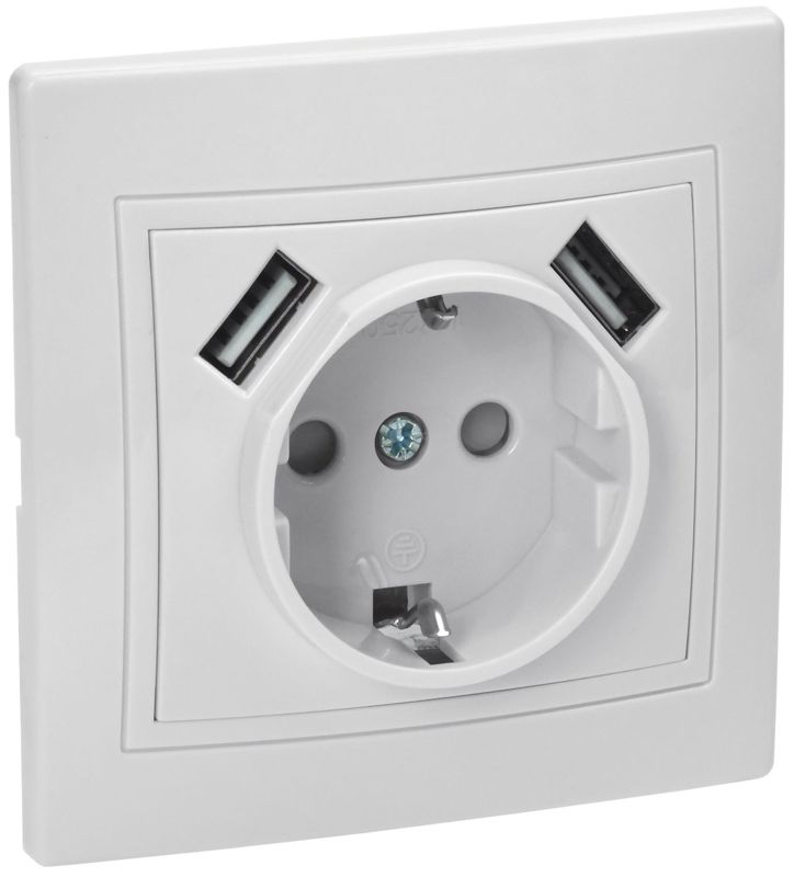 Розетка 1-м СП Кварта РЮш10-1-КБ 16А USBх2 2.1А с заземл. бел. GENERICA KV-R14-16-U2-K01