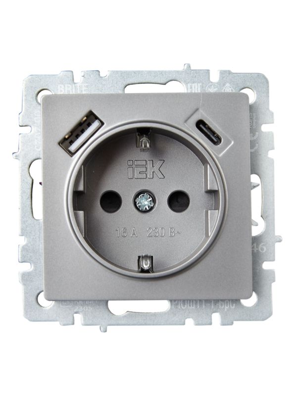 Розетка BRITE РЮш11-1-БрС 16А с USB A+C 18Вт с заземл. защ. шторки механизм сталь IEK BR-R14-16-U22-018-K46
