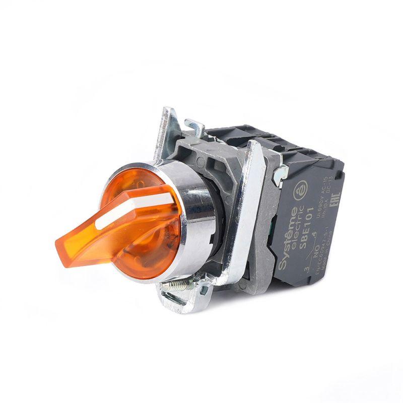 Переключатель SB4 с подсветкойв сборе 22мм 2поз. с фиксацией металл 230В AC 1НО+1НЗ желт. SE SB4BK125M5