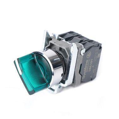 Переключатель SB4 с подсветкойв сборе 22мм 3поз. с фиксацией металл 230В AC 1НО+1НЗ зел. SE SB4BK133M5