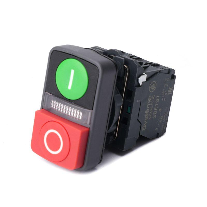 Кнопка двойная SB5 в сборе модуль 22мм зел."I"+сигнал. лампа+красн. выступ."О" пластик 24В DC 1НО+1НЗ SE SB5AW73731B5