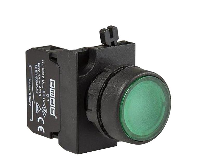 Кнопка с подсветкой-светодиод CP190DY (1НО) зел. EMAS CP190DY