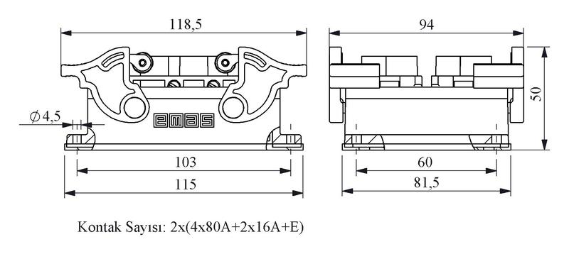 Вилка низкая 4-фиксатора для панели 12 полюсов 2х(4х80А+2х16А) EMAS EBM812FM44