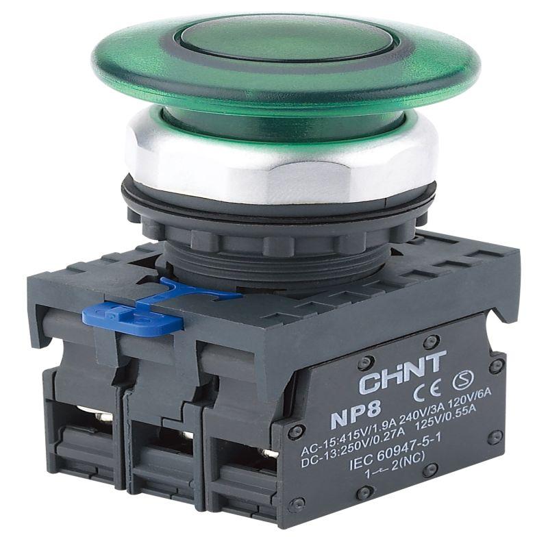 Кнопка управления "Грибок" d60мм NP8-11MD/23 1НО+1НЗ IP65 AC110-230В с самовозвратом с подсветкой зел. (R) CHINT 667632