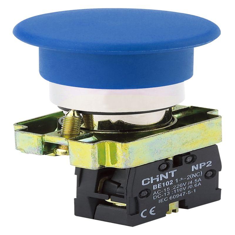 Кнопка управления "Грибок" NP2-BC62 d40мм 1НЗ IP40 с самовозвратом без подсветки син. (R) CHINT 575186