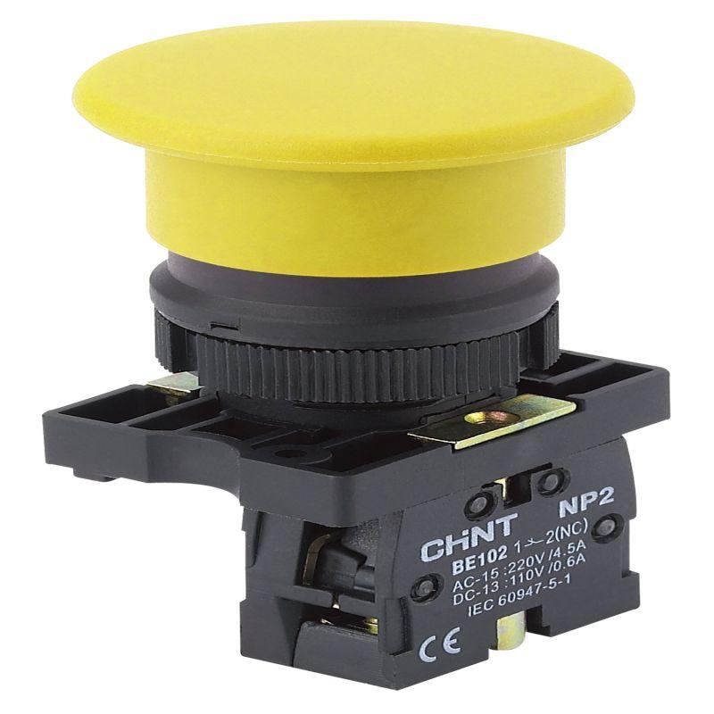 Кнопка управления "Грибок" NP2-EC52 d40мм 1НЗ IP40 с самовозвратом без подсветки желт. (R) CHINT 574094