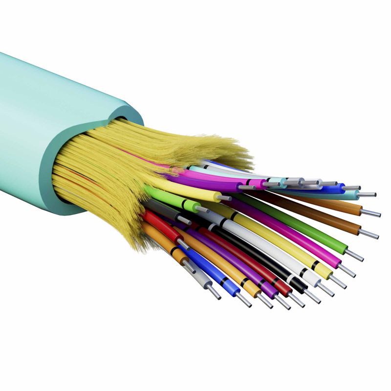 Кабель волоконно-оптический распределительный арамидные упрочняющие нити для внутренней прокладки нг(A)-HFLTx 24 ОВ категорияOM3 (G.651.1) плотный буфер 0.4кН барабан 500м DKC RNDT3C24AQ03-E